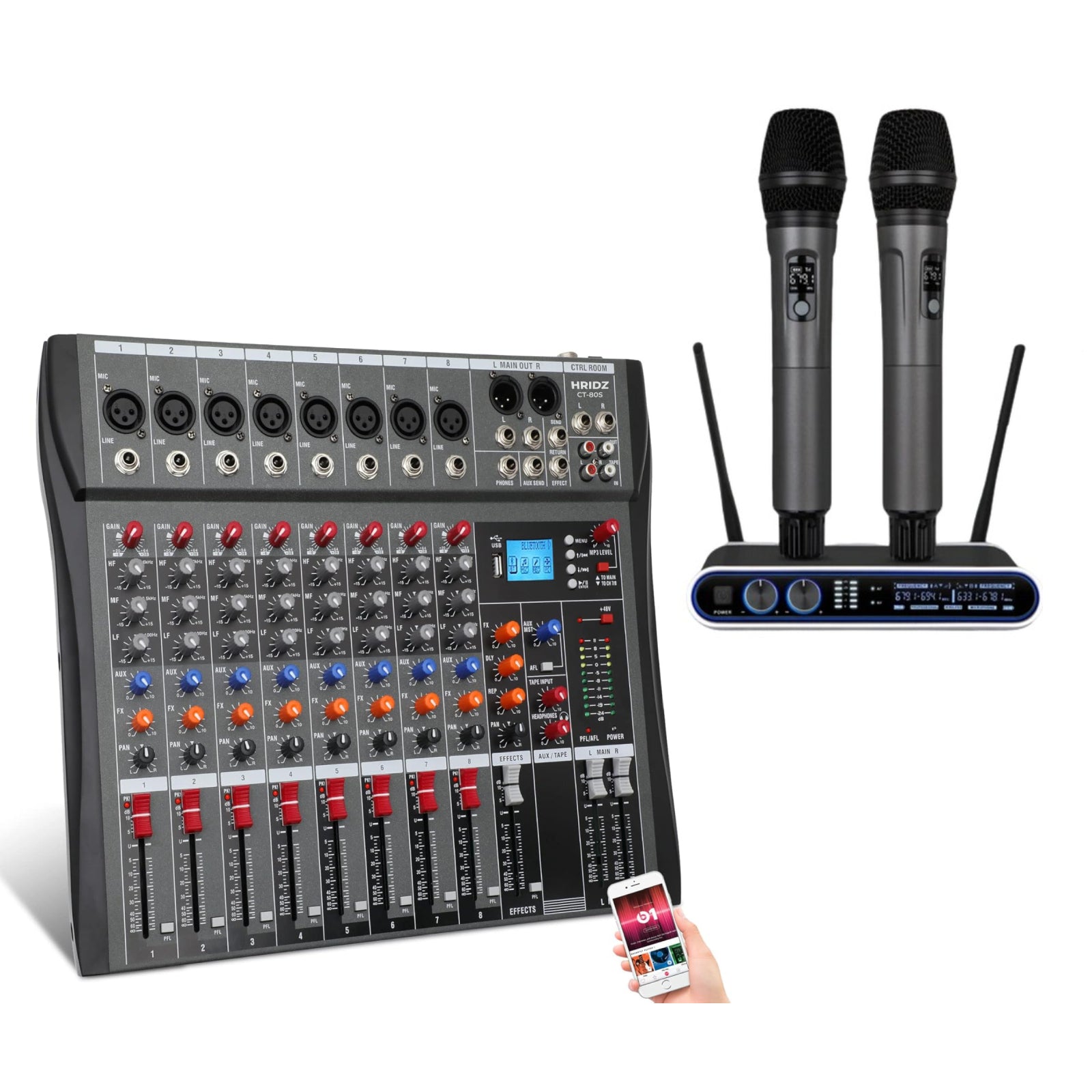 Hridz 8 Channels Audio Sound Mixer with Wireless UHF Microphones bundle