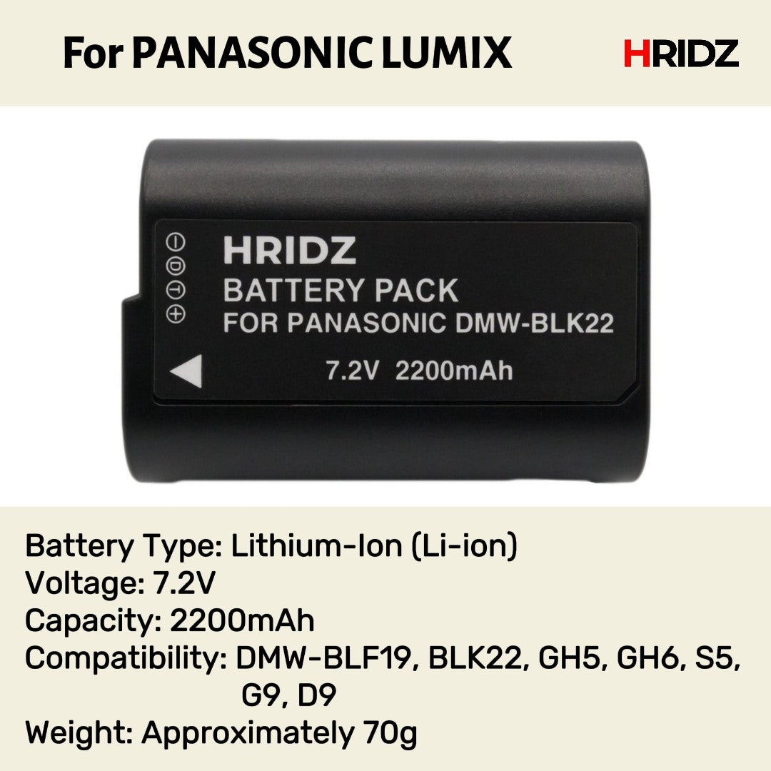 Hridz BLK22 Battery for Panasonic DMW-BLK22 and Panasonic Lumix - HRIDZ