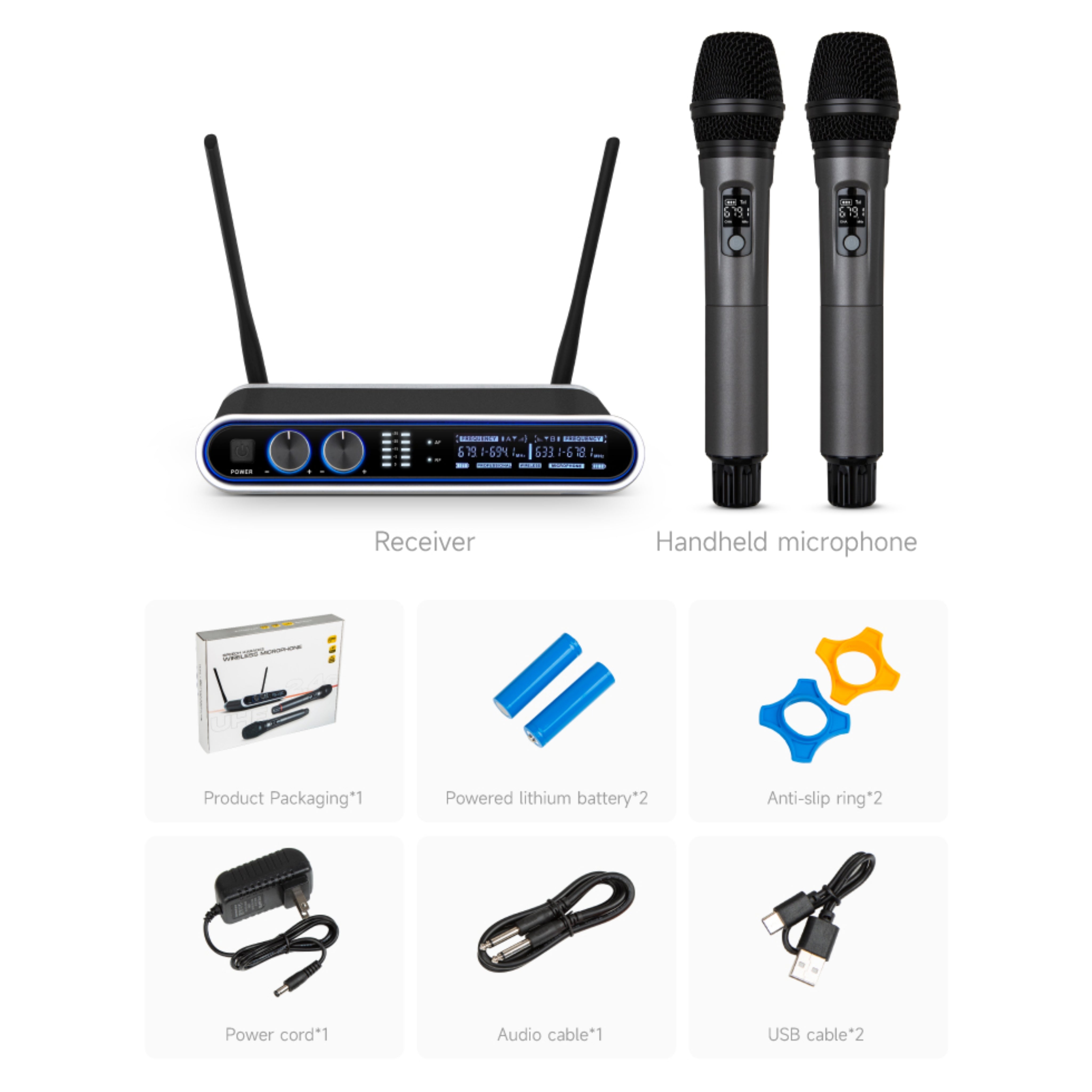 HRIDZ Wireless Microphone System Dual UHF Handheld Mics with 100m Range Receiver for Karaoke Meetings Parties