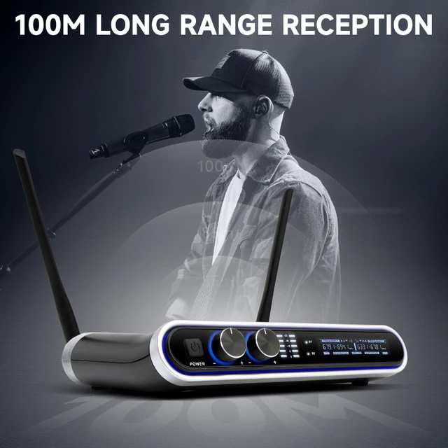 HRIDZ Wireless Microphone System Dual UHF Handheld Mics with 100m Range Receiver for Karaoke Meetings Parties