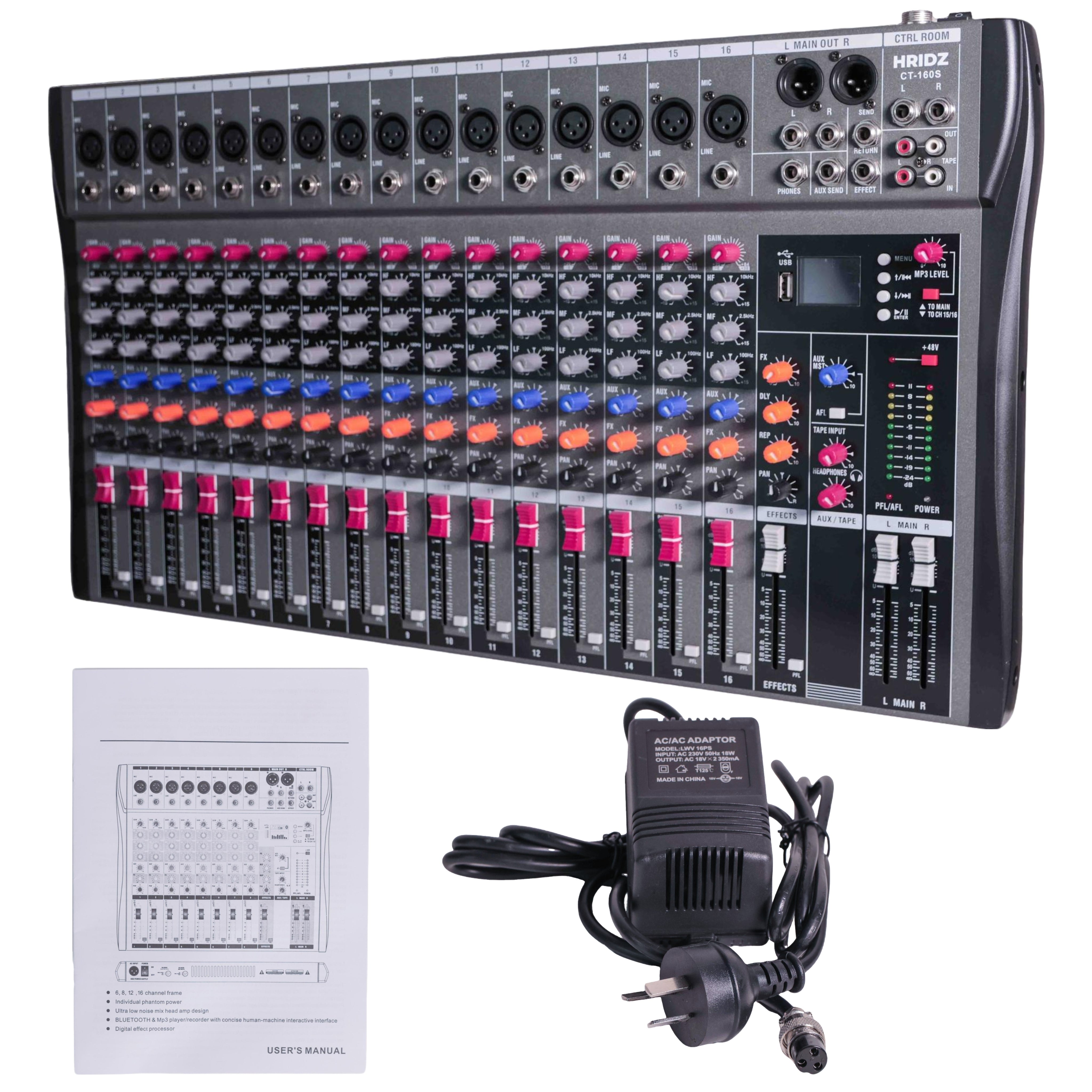 Hridz 16 Channels Audio Sound Mixer Mixing DJ Console USB with 48V Phantom Power - HRIDZ