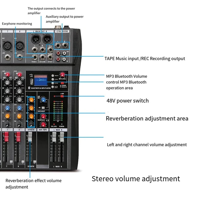 Hridz 8 Channels Audio Sound Mixer Mixing DJ Console USB with 48V Phantom Power - HRIDZ