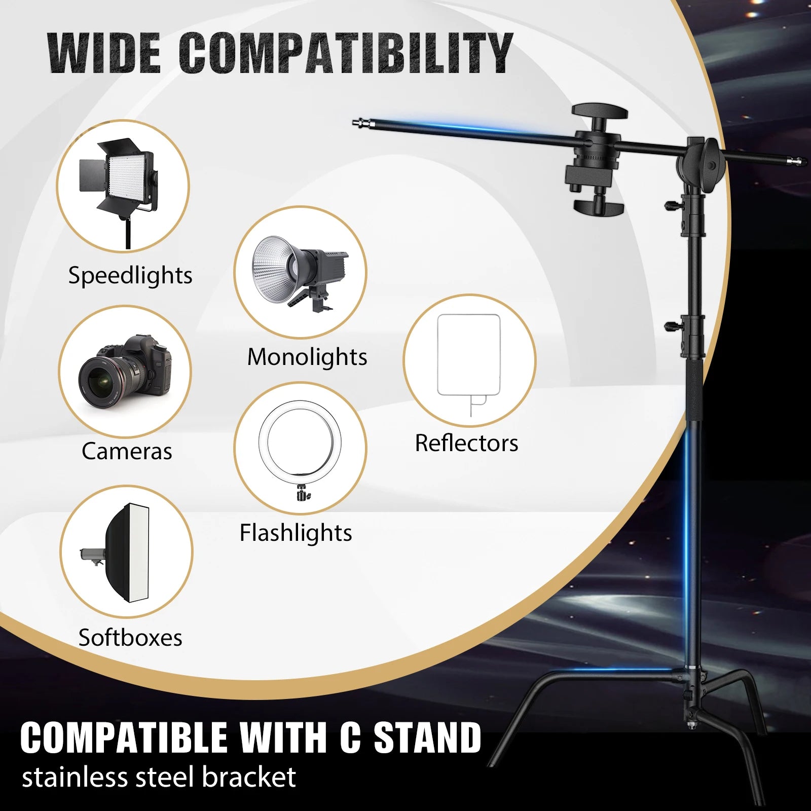 Hridz 150-330cm Black Heavy Duty C-Stand Adjustable Light Stand Load 20KG Capacity - HRIDZ