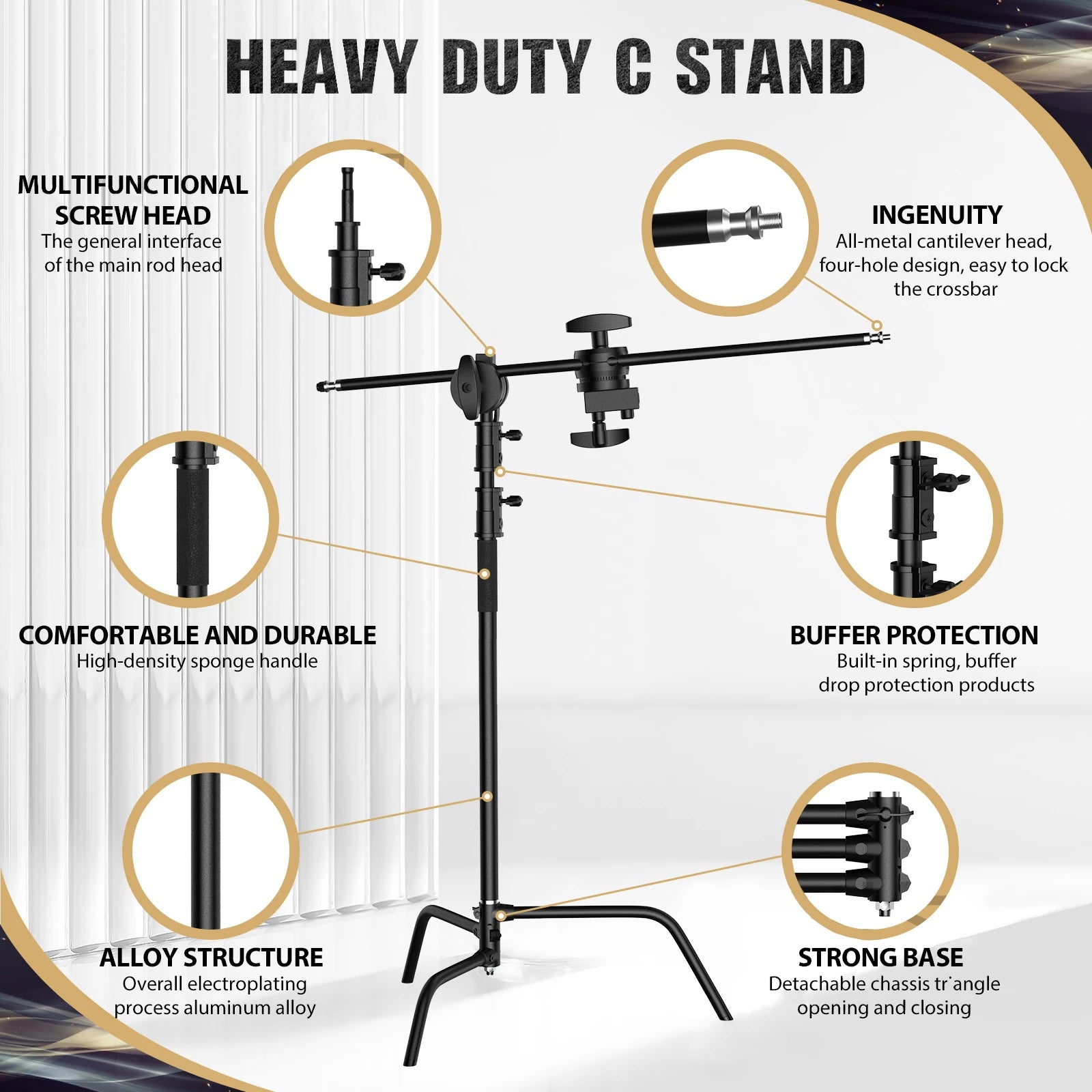 Hridz 150-330cm Black Heavy Duty C-Stand Adjustable Light Stand Load 20KG Capacity - HRIDZ