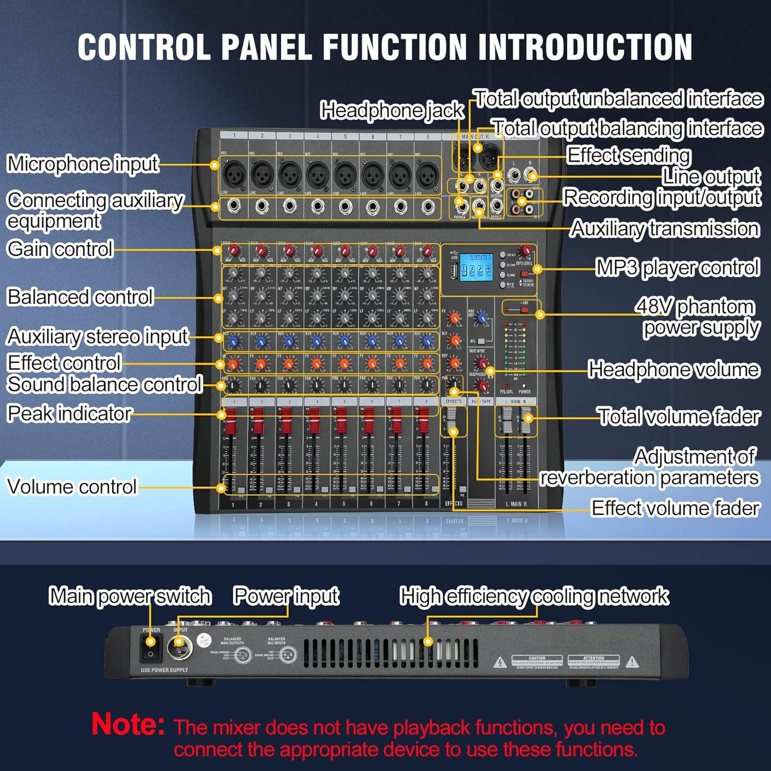 Hridz 8 Channels Audio Sound Mixer Mixing DJ Console USB with 48V Phantom Power