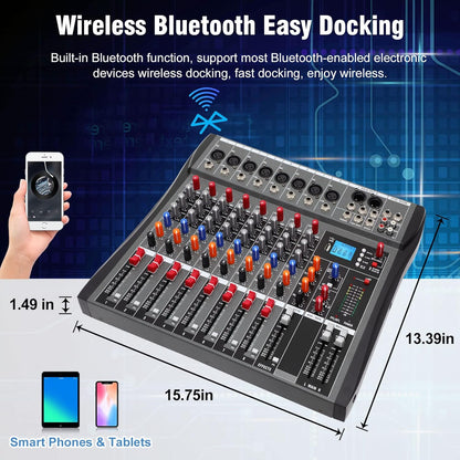 Hridz 8 Channels Audio Sound Mixer Mixing DJ Console USB with 48V Phantom Power