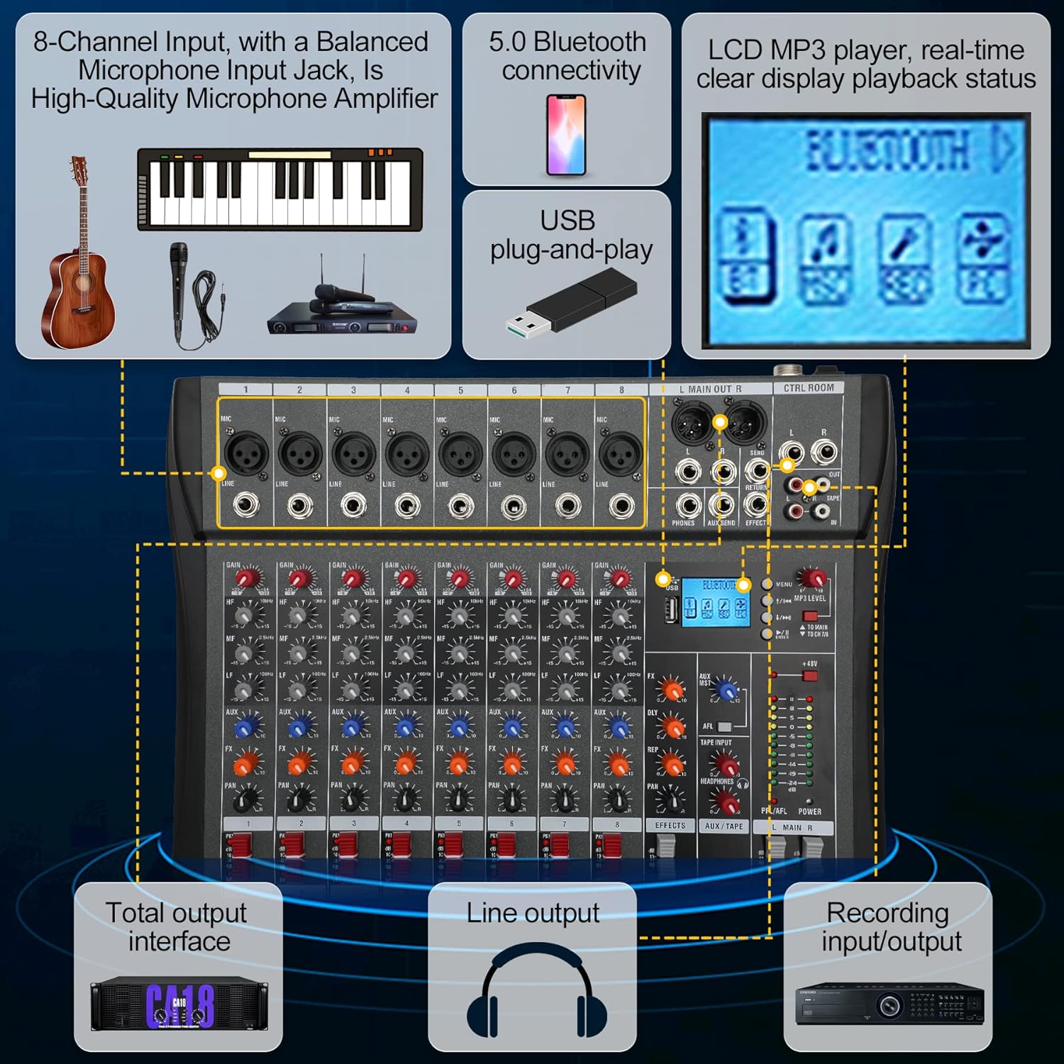 Hridz 8 Channels Audio Sound Mixer Mixing DJ Console USB with 48V Phantom Power