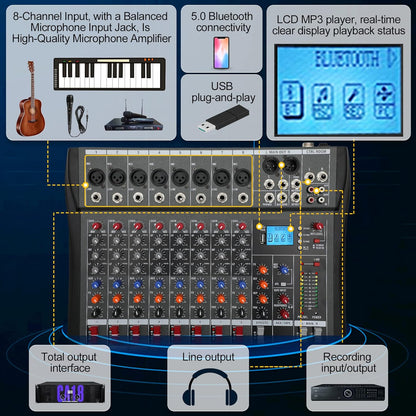 Hridz 8 Channels Audio Sound Mixer Mixing DJ Console USB with 48V Phantom Power