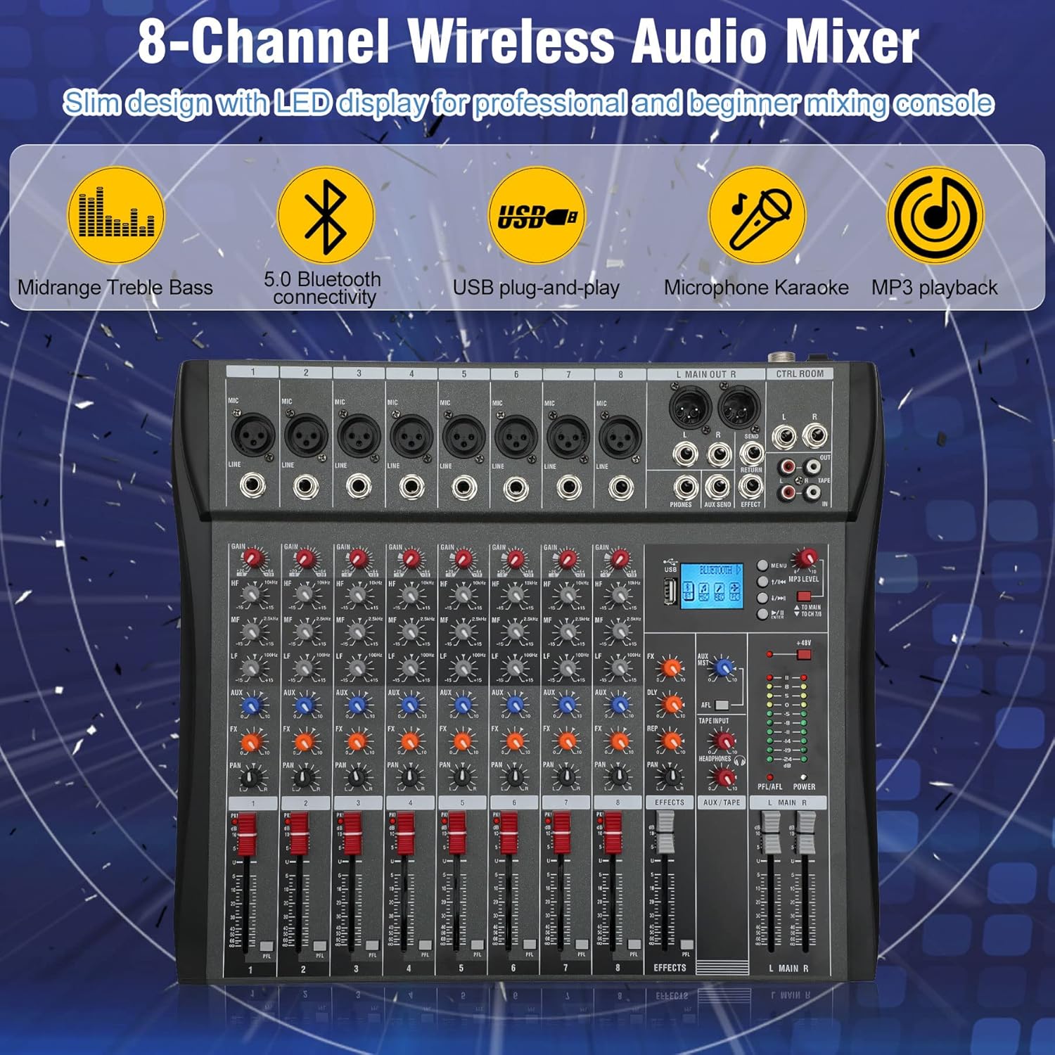 Hridz 8 Channels Audio Sound Mixer Mixing DJ Console USB with 48V Phantom Power