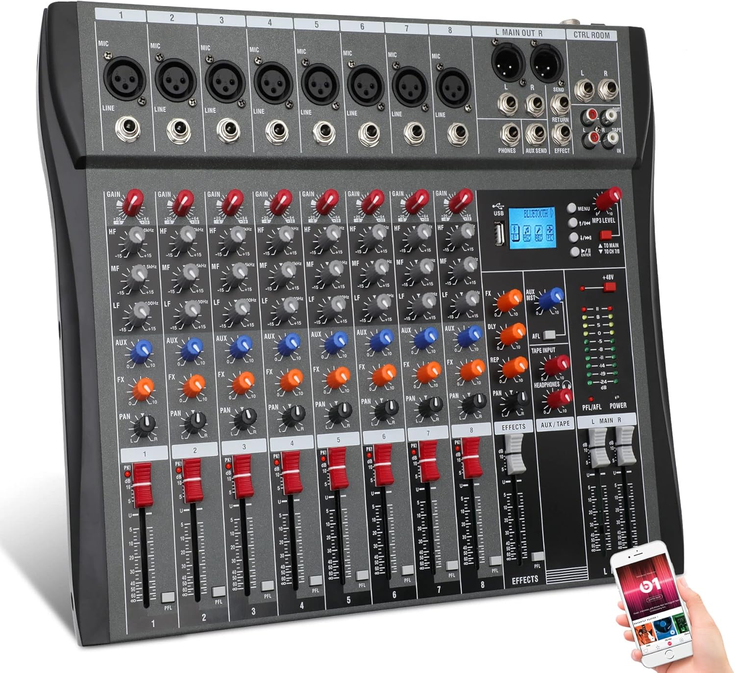 Hridz 8 Channels Audio Sound Mixer Mixing DJ Console USB with 48V Phantom Power