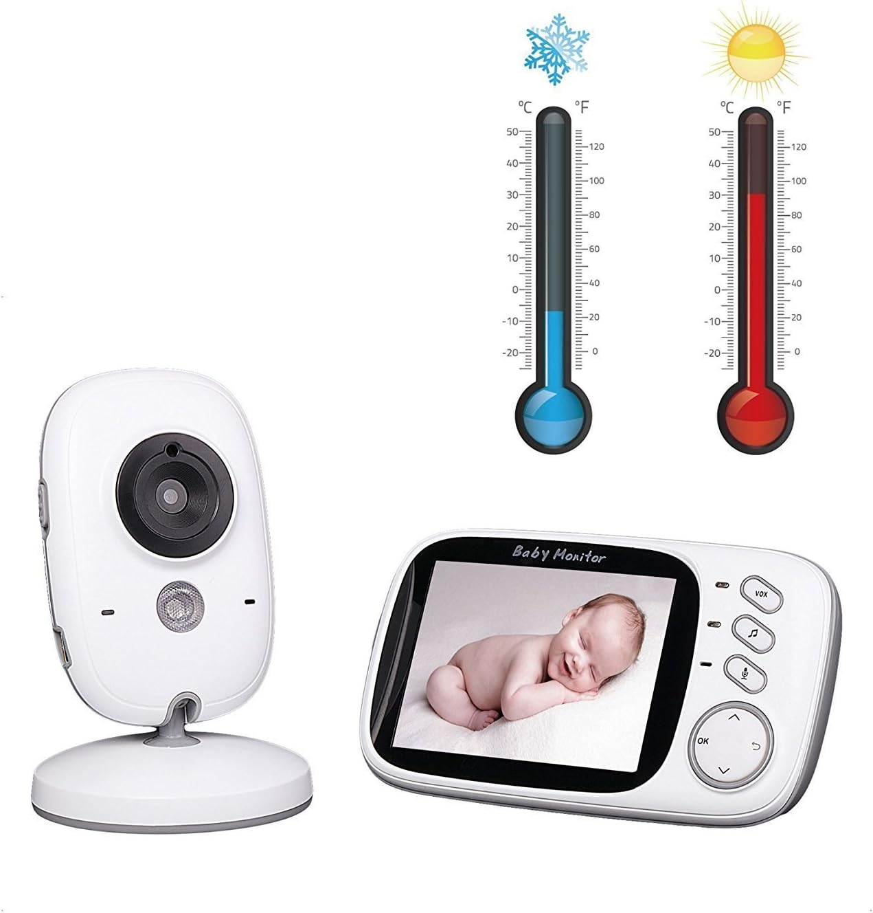 Hridz Video Baby Monitor Wireless Audio Monitor with Camera 3.2" LCD Baby Alarm Built-in Lullabies Night Vision Temperature Monitoring