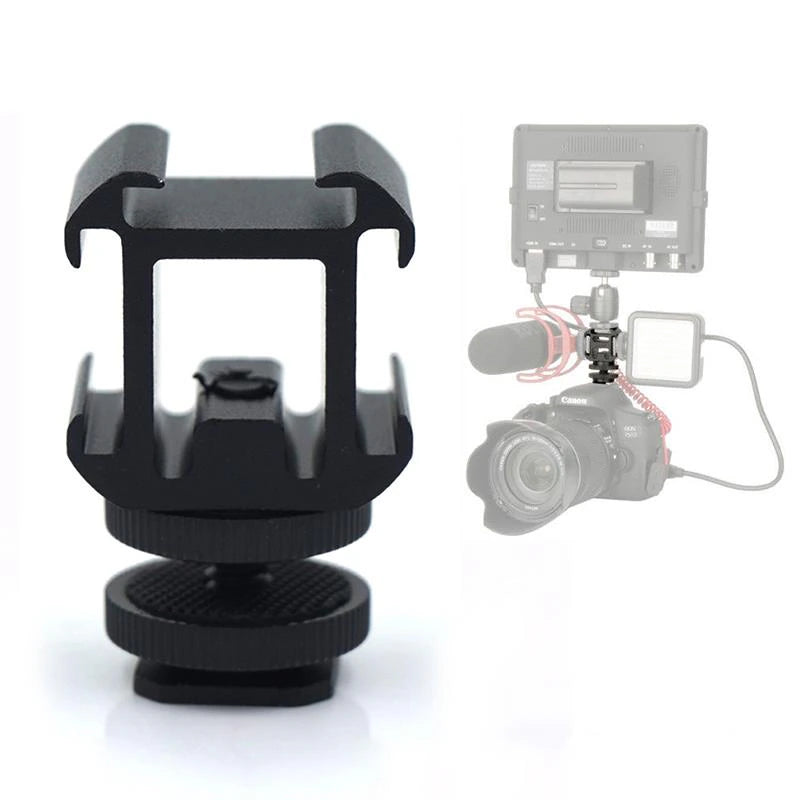 Triple Hot Shoe Mount Adapter Bracket Stand Holder for DSLR Camera LED Mic Flash - HRIDZ