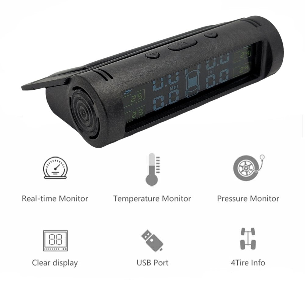 HRIDZ S2 Solar Wireless TPMS Car Tire Tyre Pressure Monitor Monitoring System 4 Sensors - HRIDZ