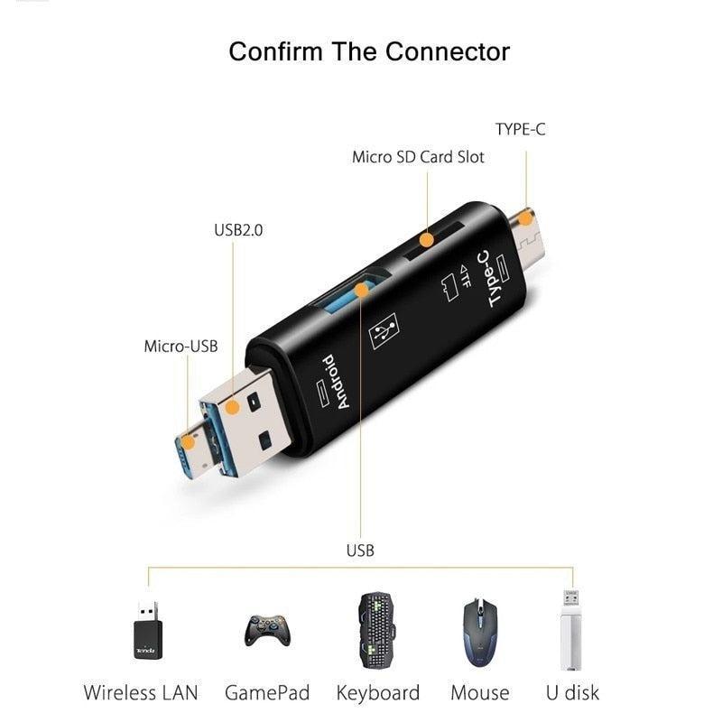 5 in 1 Multifunction Usb 2.0 Type C/Usb /Micro Usb/Tf/SD Memory Card Reader OTG Card Reader - HRIDZ