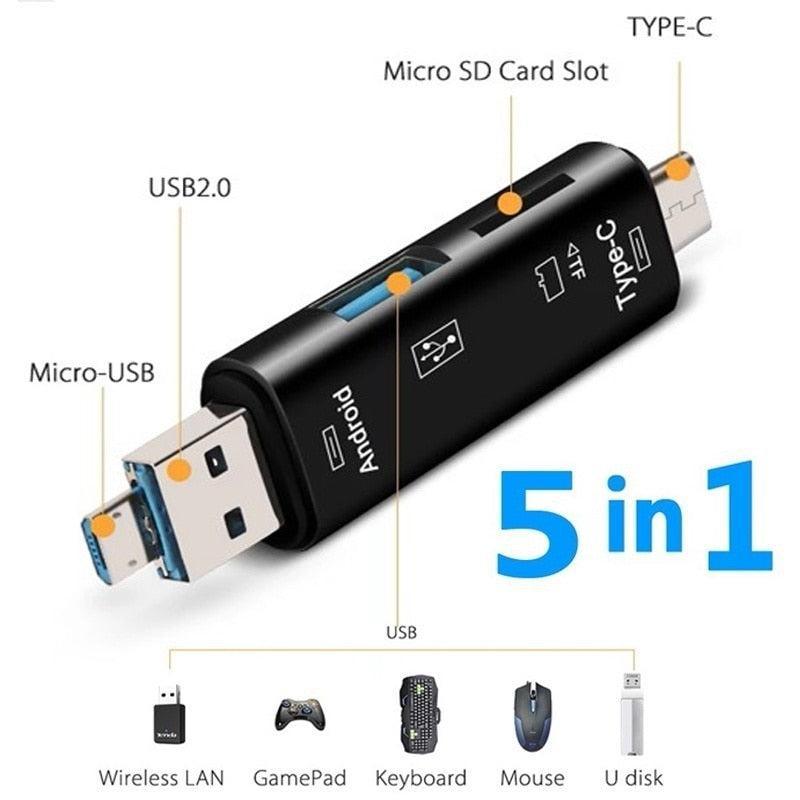 5 in 1 Multifunction Usb 2.0 Type C/Usb /Micro Usb/Tf/SD Memory Card Reader OTG Card Reader - HRIDZ