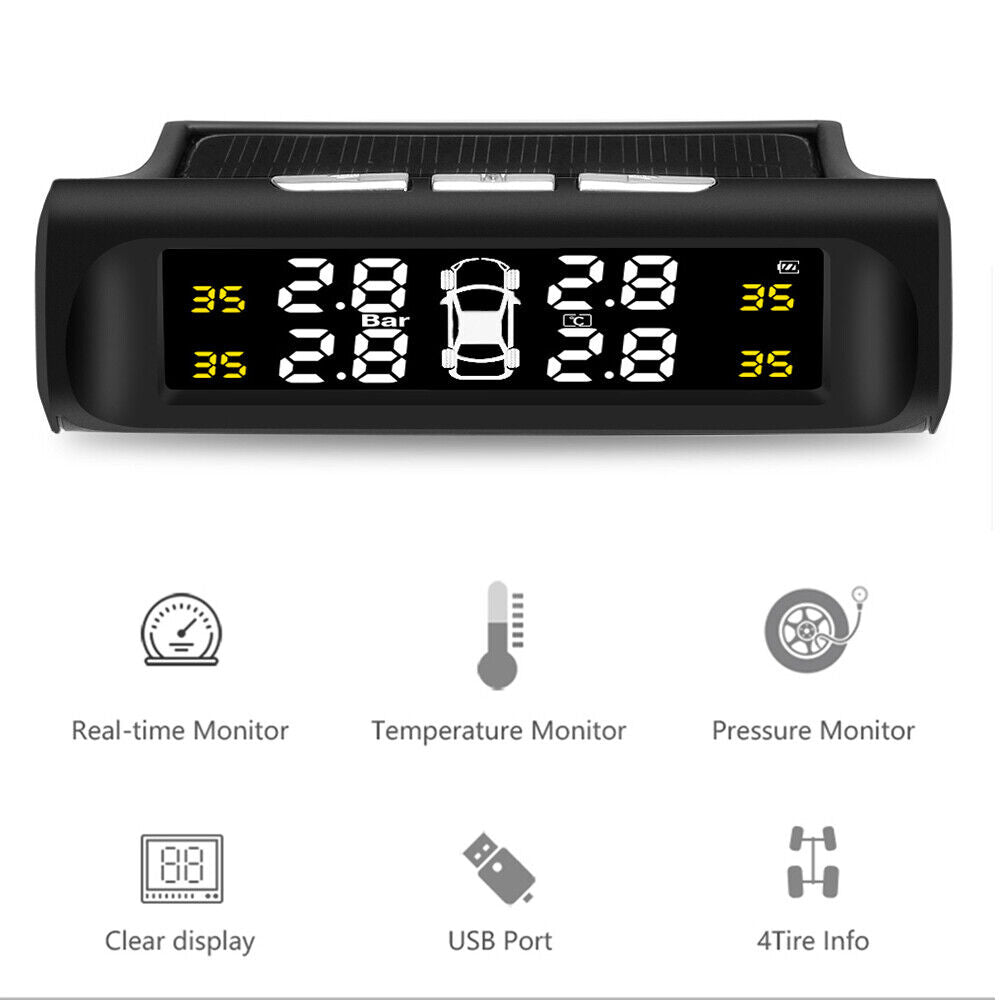 Solar Wireless TPMS Car Tire Tyre Pressure Monitor Monitoring System 4 Sensors - HRIDZ