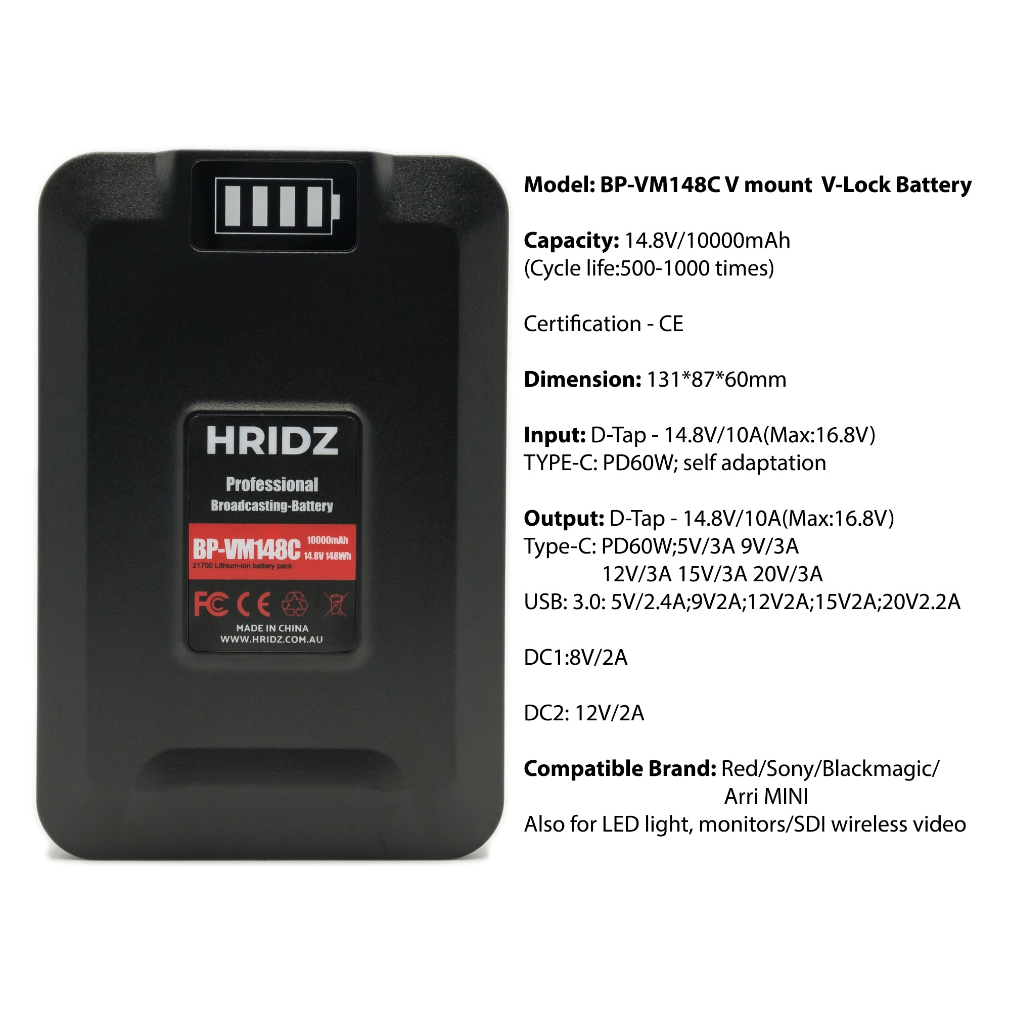 HRIDZ V-Mount V-Lock VM-BP148 Battery – 148Wh 14.8V 10000mAh for Studio Video Production - HRIDZ