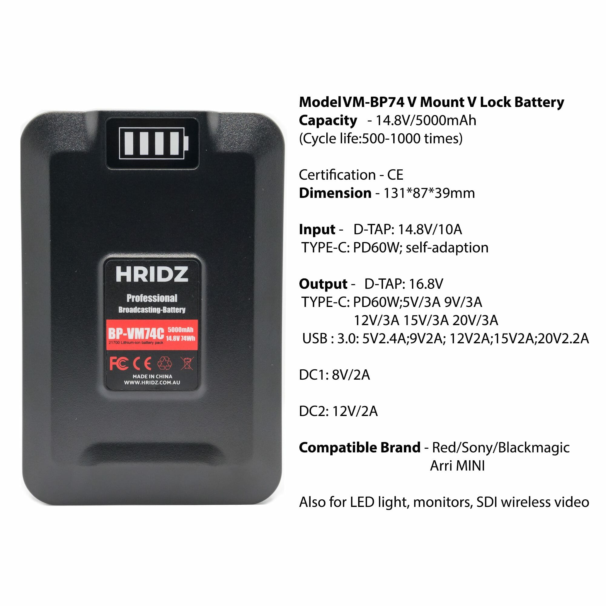 HRIDZ VM-BP74 V Lock V Mount Battery - 74Wh 14.8V 5000mAh Li-ion Battery - HRIDZ