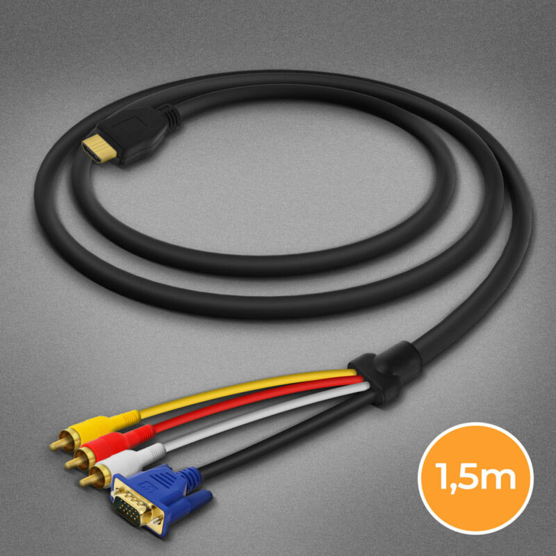 HDMI to 3x RCA Male and VGA Male Cable Video Adapter (1.5m)- Black - HRIDZ